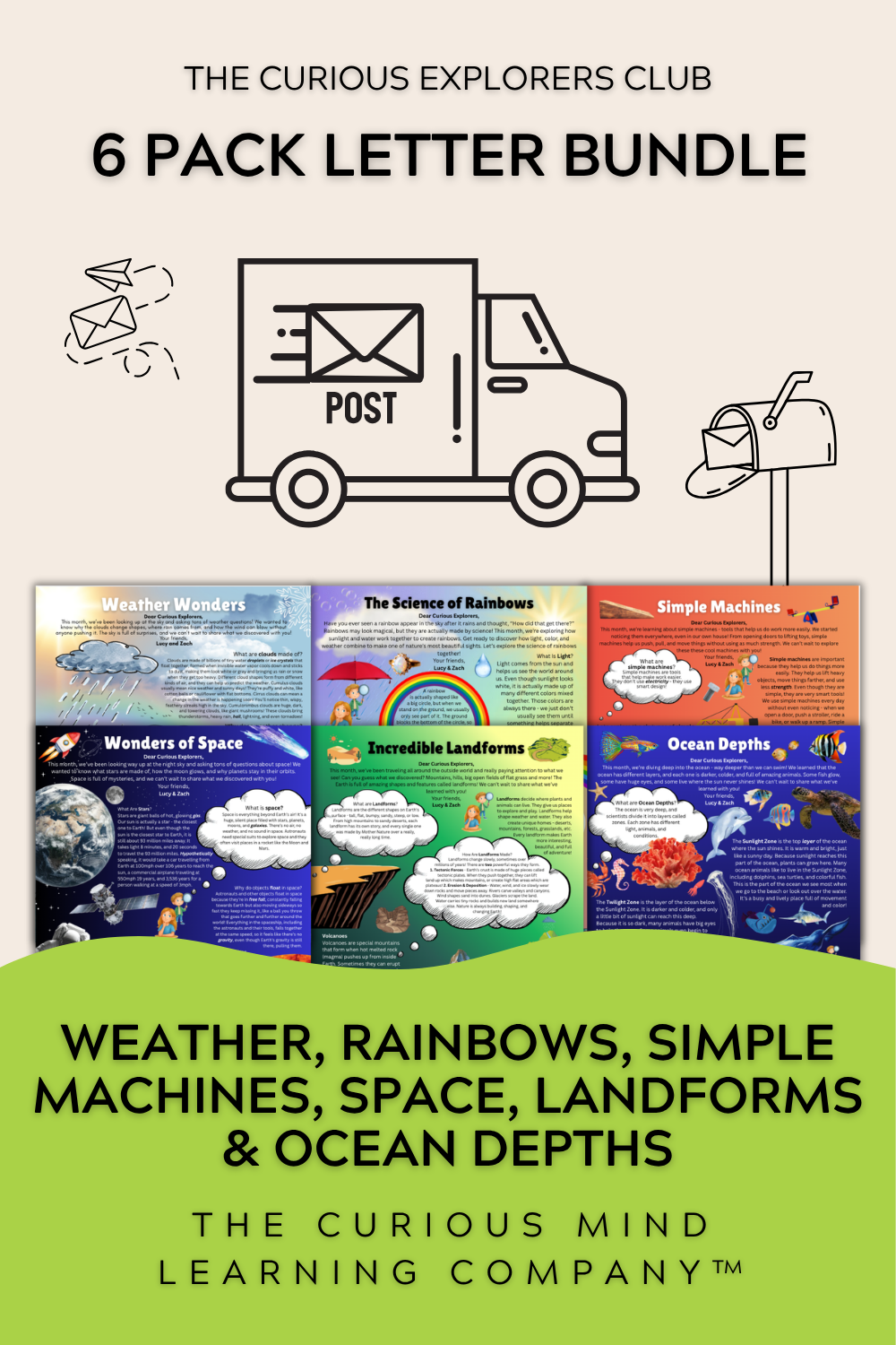 6 Pack Letter Bundle | Weather, Rainbows, Simple Machines, Space, Landforms, & Ocean | Physical Mail Edition